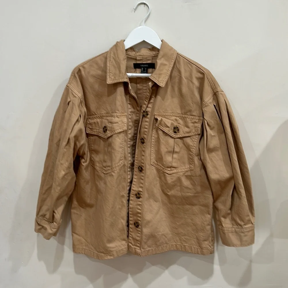 Women’s Forever 21 Canvas Twill Khaki Puff Sleeve Jacket Size Large Tan - Picture 1 of 4